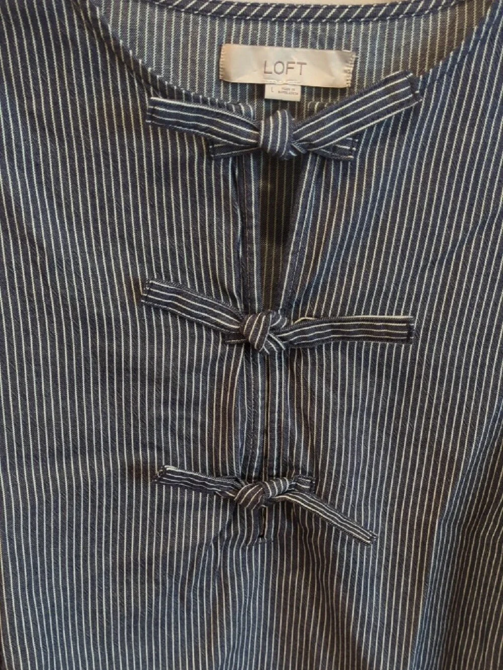Preppy Nautical Americana Coastal LOFT Navy Pinstripe Tie Front Boxy Top Sz Lg
